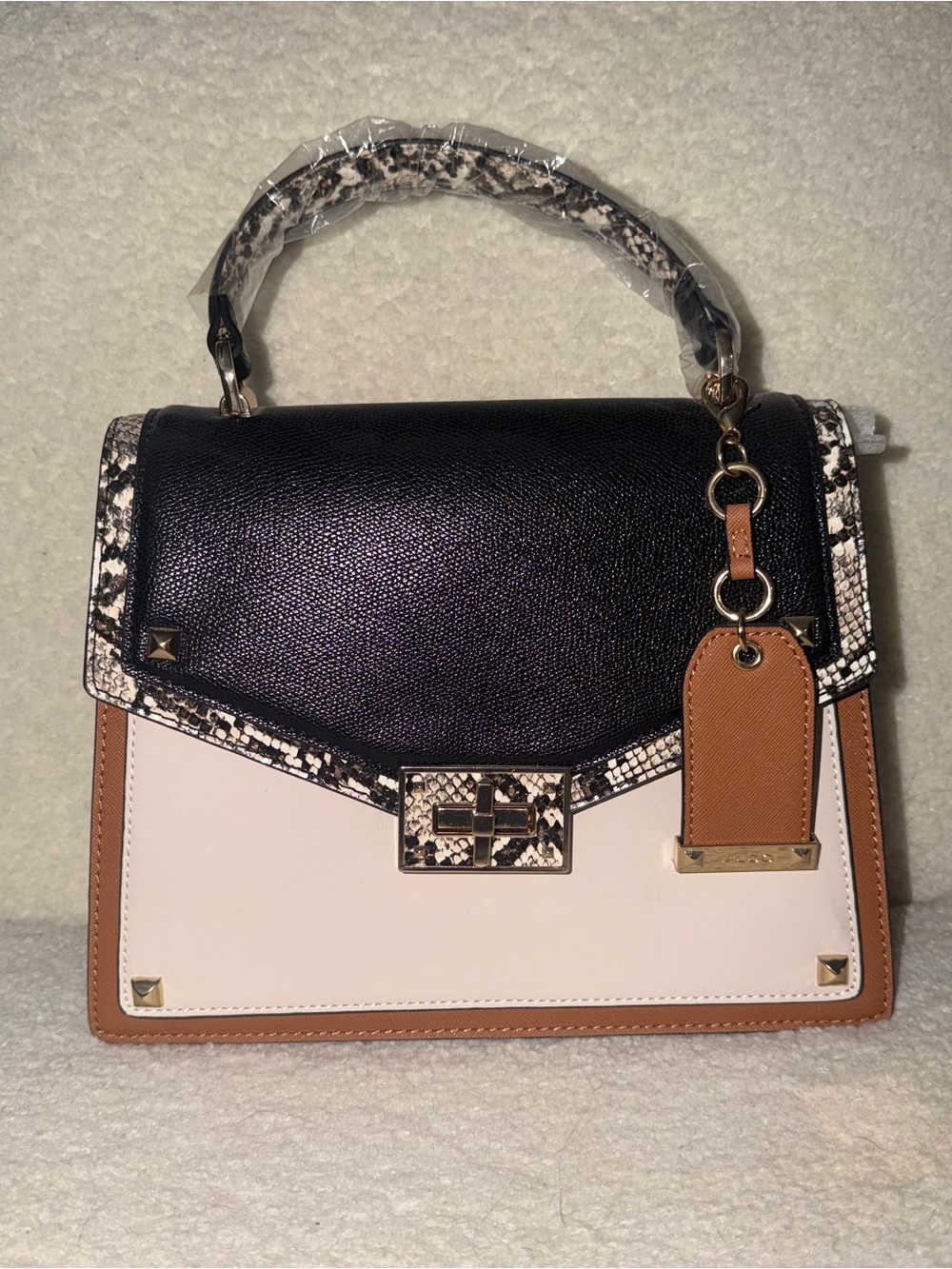 Aldo Tricolor Top-Handle Satchel in Black, Cream & Brown with Snake-Print Trim